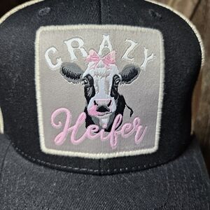 NWT Black Cowgirl Themed Trucket Hat Cap with Fun Crazy Heifer Embroidery